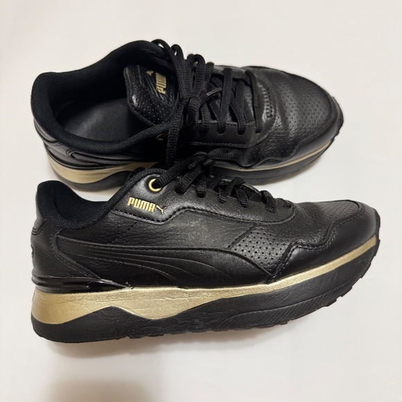 PUMA Women’s Black Leather Sneakers with Gold Accents – Size 5.5 - Picture 2 of 5
